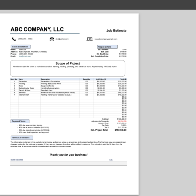 The job estimate in the print settings window, ready to print on one page.